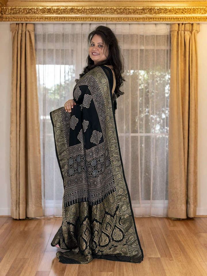 Black Dola Silk Ajrakh Saree